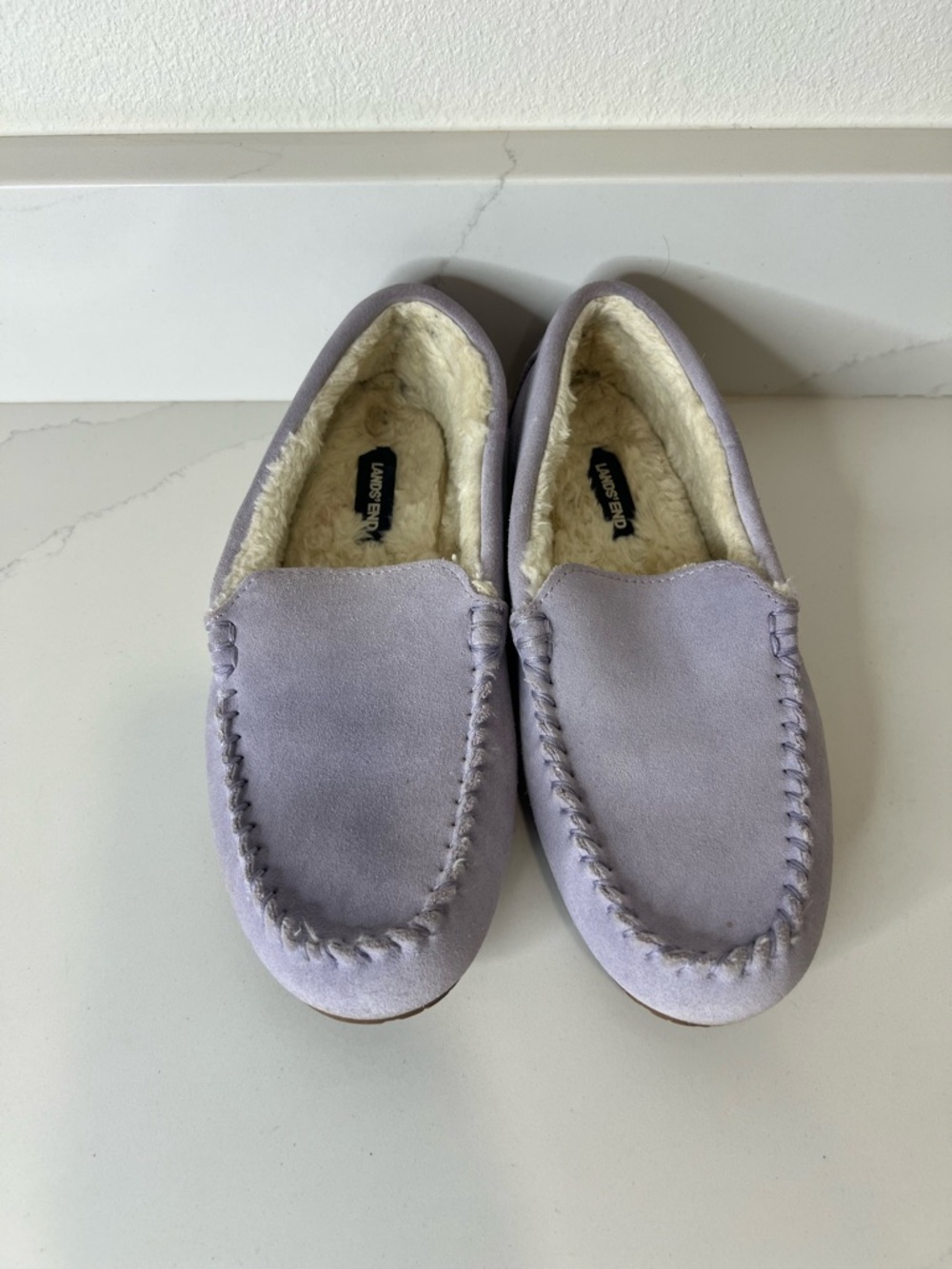Lands End Lavender Suede Shearling Moccasin Slippers size 8 - Picture 2 of 9